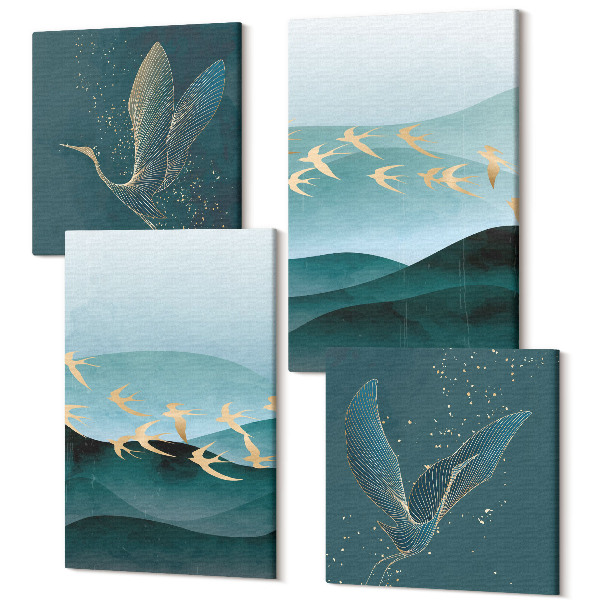 Sada obrazov na stenu kvadryptych Abstraktné krajiny vĺn a lietajúcich vtákov