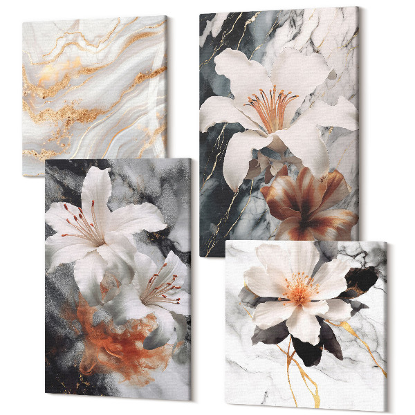 Sada obrazov kvadryptych Kvety na mramorovom podklade v odtieňoch bielej a čiernej