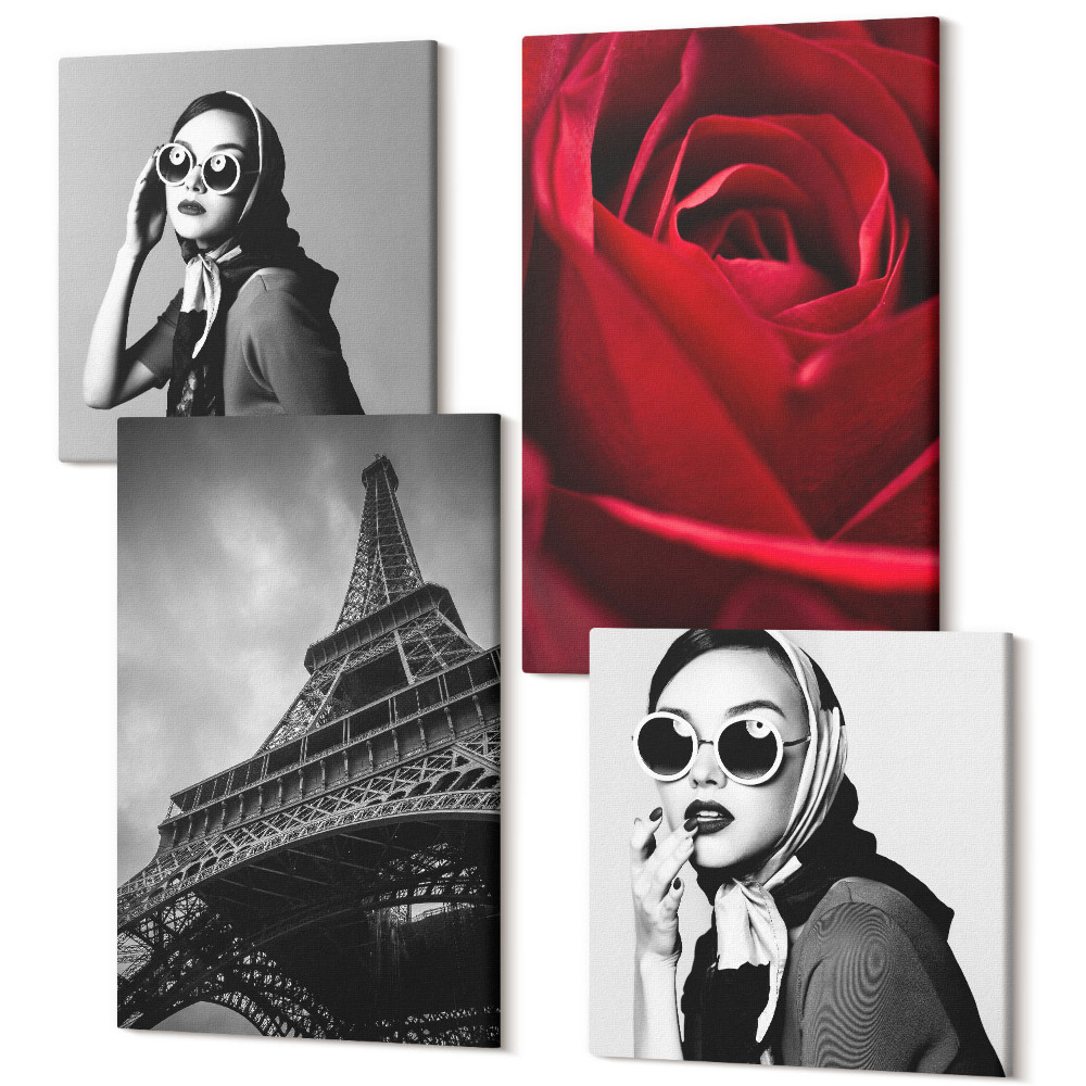 Sada obrazov na stenu kvadryptych Parížanka s ružovými okuliarmi a Eiffelova veža