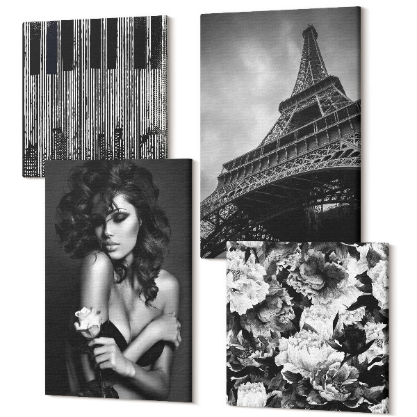 Sada 4 obrazov Portrét ženy s ružou, abstrakty Eiffelovej veže