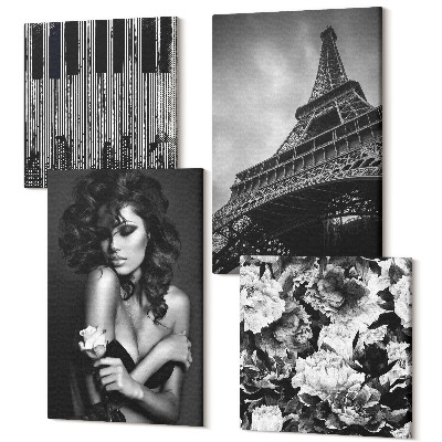 Sada 4 obrazov Portrét ženy s ružou, abstrakty Eiffelovej veže