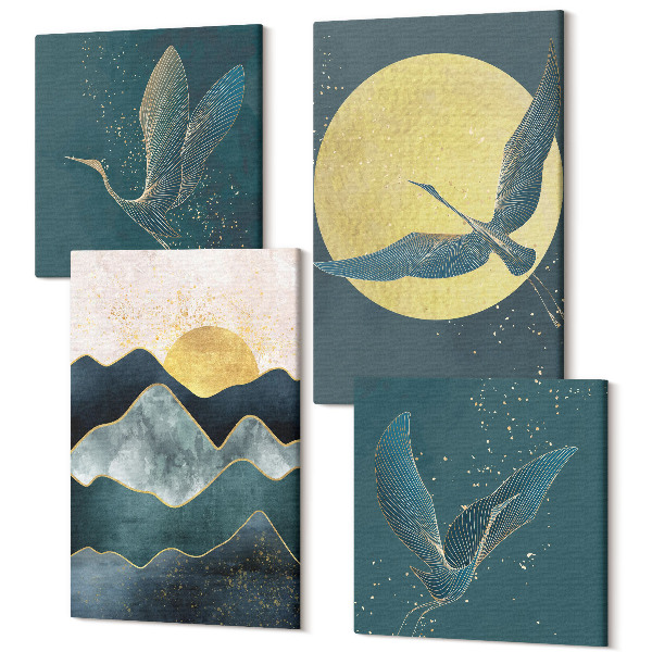 Sada obrazov kvadryptych Žeriavové vtáky v lete, mesiac, hviezdy a horská krajina