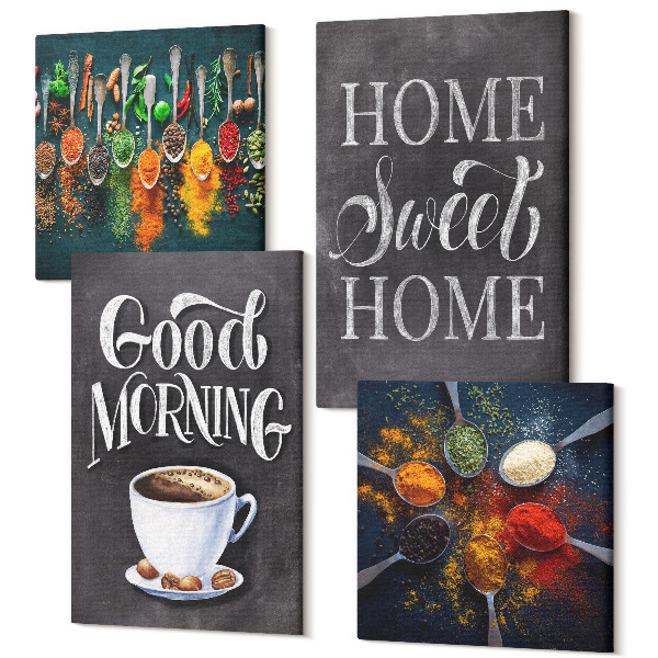 Sada 4 obrazov Okorení kávu šálkou kuchynské bylinky s korením