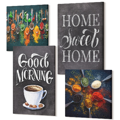 Sada 4 obrazov Okorení kávu šálkou kuchynské bylinky s korením