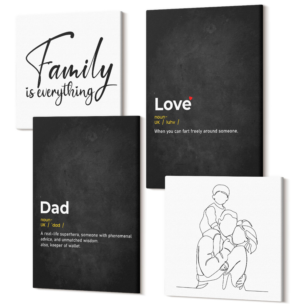Sada 4 obrazov Rodinné perokresby s definíciami lásky a otcovstva