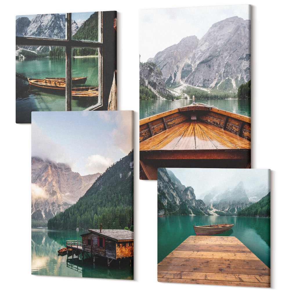Sada obrazov na stenu kvadryptych Horská krajina, drevená chata, mólo a člny