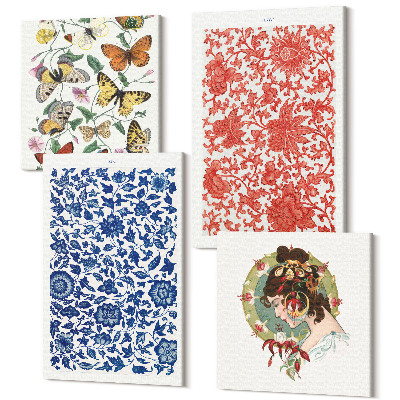 Sada obrazov na stenu kvadryptych Vintage kvety motýle a ozdoby plagáty