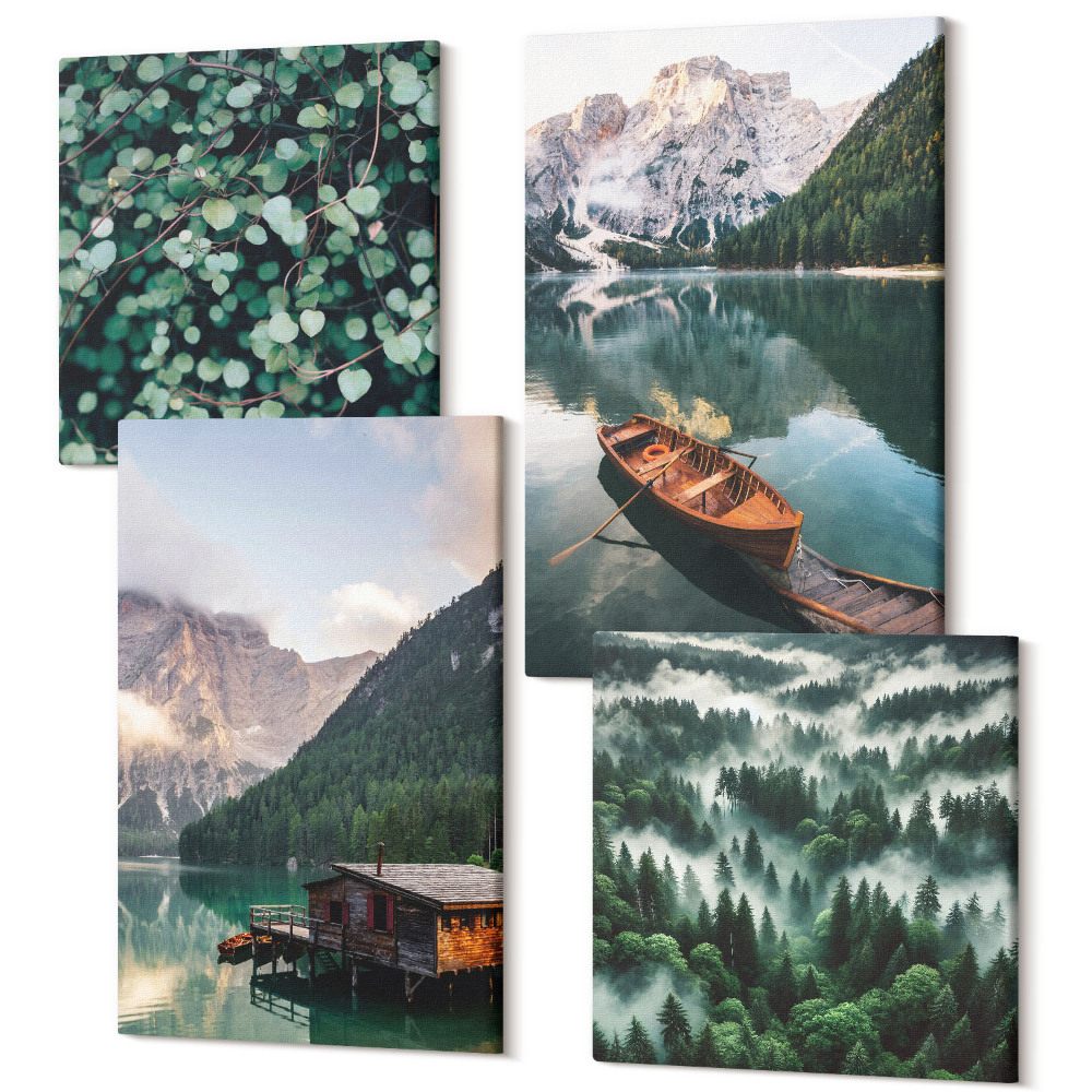 Sada obrazov na stenu kvadryptych Horská krajina s jazerom, loďou a lesom v hmle