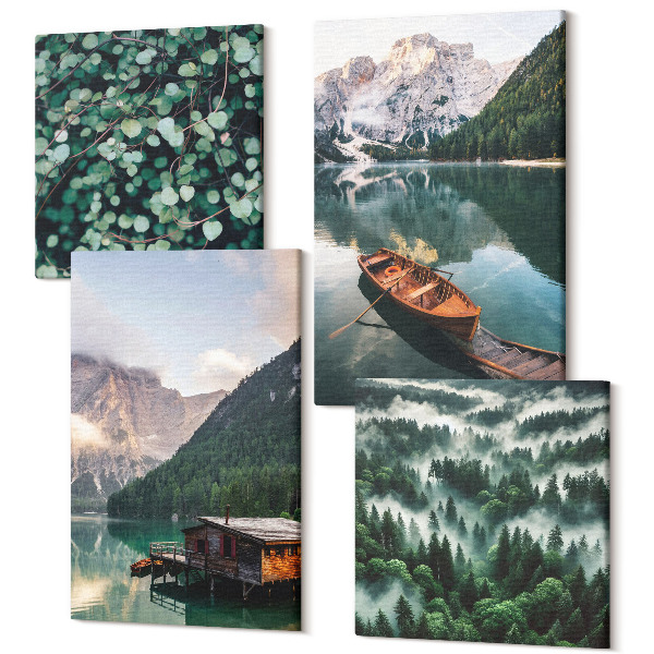 Sada obrazov na stenu kvadryptych Horská krajina s jazerom, loďou a lesom v hmle