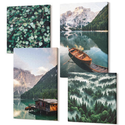 Sada obrazov na stenu kvadryptych Horská krajina s jazerom, loďou a lesom v hmle