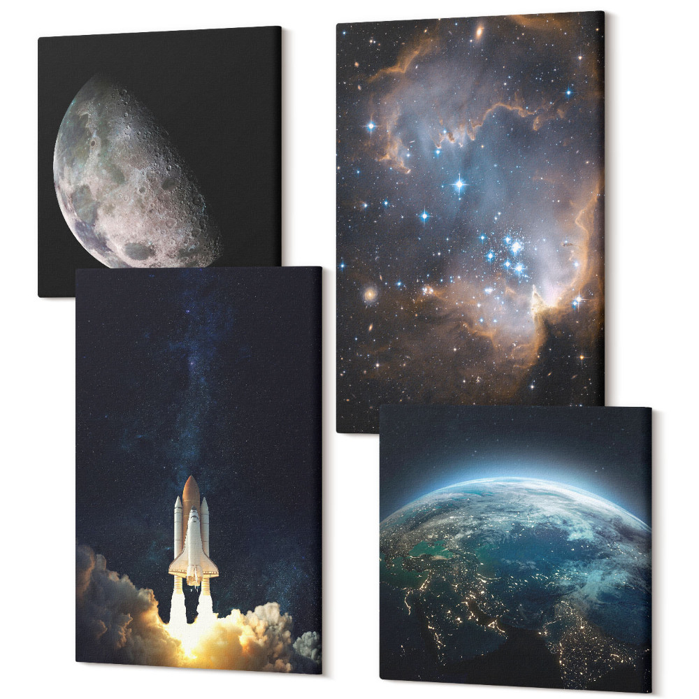 Sada 4 obrazov Vesmírna Zem raketa galaxie hviezdy na oblohe