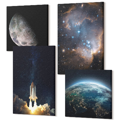 Sada 4 obrazov Vesmírna Zem raketa galaxie hviezdy na oblohe