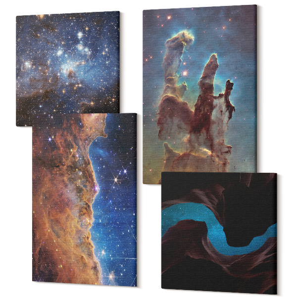 Sada 4 obrazov Vesmírne krajiny s galaxiami a hmlovinami