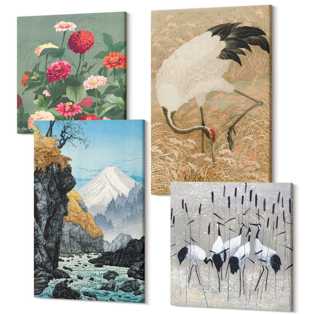 Sada obrazov kvadryptych Hory v krajine, rieka, kvety a žeriavy v tráve