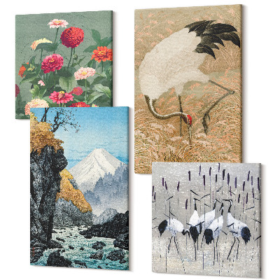 Sada obrazov kvadryptych Hory v krajine, rieka, kvety a žeriavy v tráve