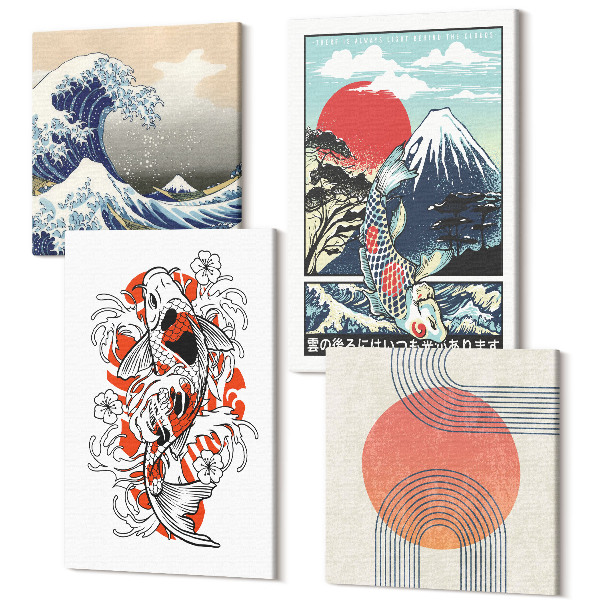Sada 4 obrazov Ilustrácie hôr rýb a Veľkej vlny pri Kanagawe, japonský štýl
