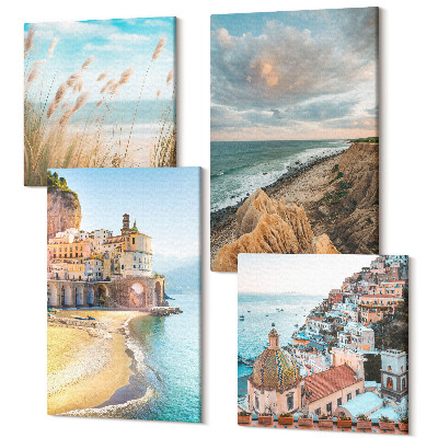 Sada obrazov kvadryptych Prímorská krajina s plážou, mestom a útesmi