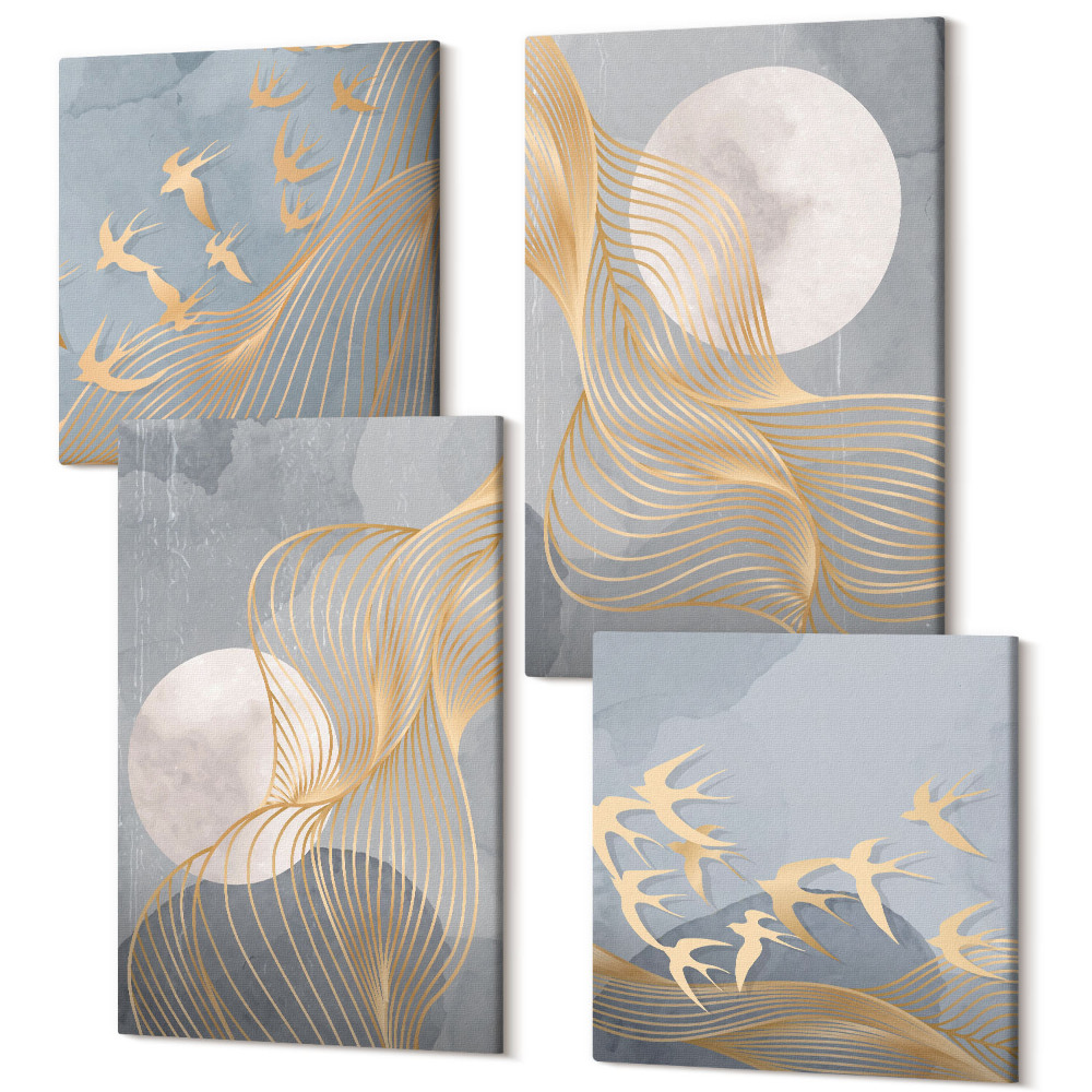 Sada obrazov na stenu kvadryptych Abstraktné vzory s vlnami a kruhmi na sivom pozadí
