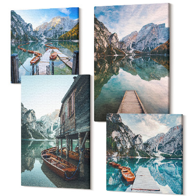 Sada 4 obrazov Tiché jazero v horách s drevenými člnmi