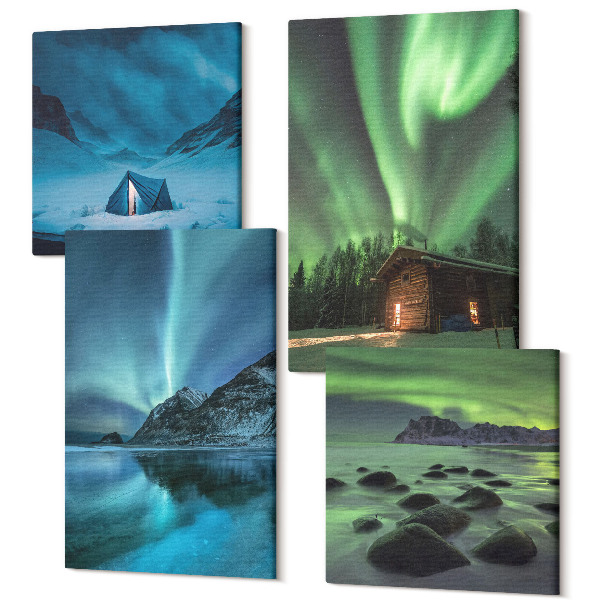 Sada 4 obrazov Zimná krajina s polárnou žiarou nad horami