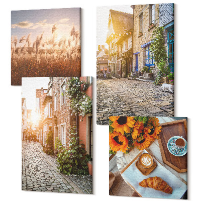 Sada obrazov na stenu kvadryptych Očarujúce uličky s kávou a slnečnicami