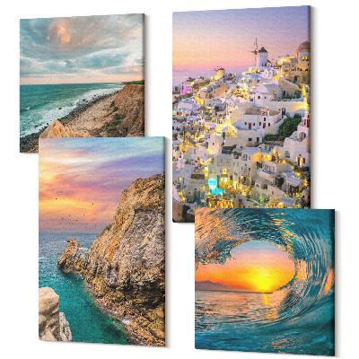 Sada 4 obrazov Výhľady na more, vlny a biele domy na Santorini, Grécko
