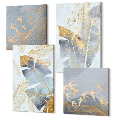 Sada obrazov kvadryptych Listy v odtieňoch modrej a béžovej na svetlom pozadí