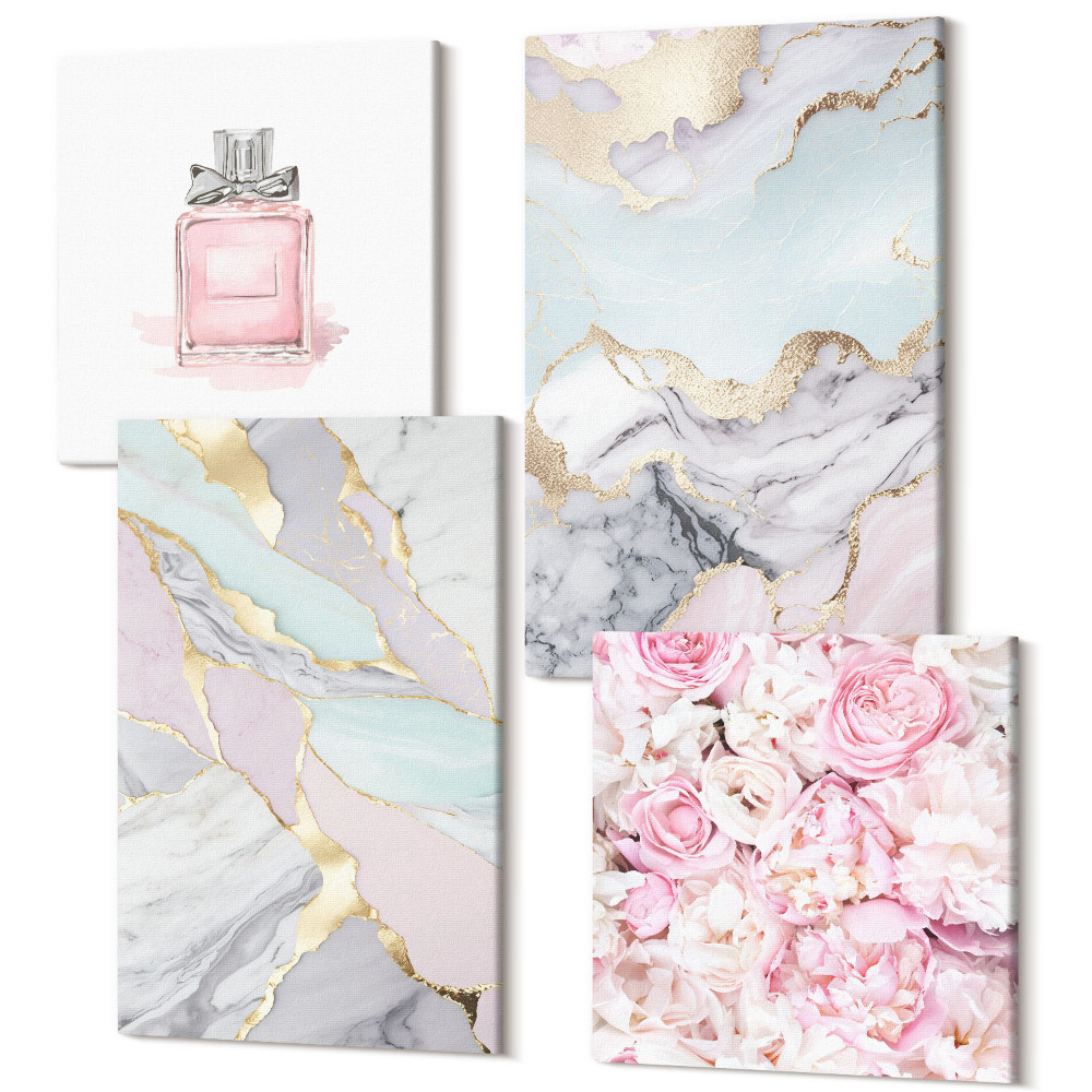Sada 4 obrazov Ružové kvety s mramorovými a pastelovými vzormi