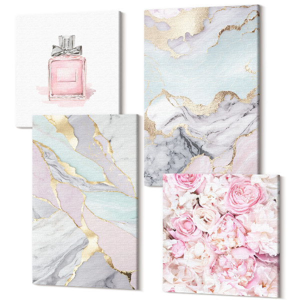 Sada 4 obrazov Ružové kvety s mramorovými a pastelovými vzormi
