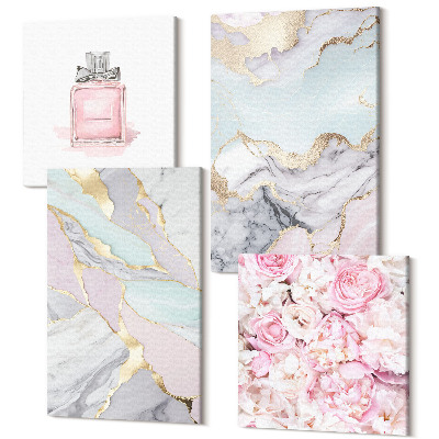 Sada 4 obrazov Ružové kvety s mramorovými a pastelovými vzormi