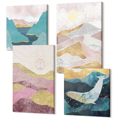 Sada obrazov kvadryptych Abstraktné krajiny s horami a slnkom