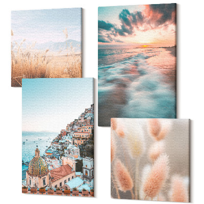 Sada obrazov na stenu kvadryptych Výhľad na more západ slnka farebné domy kvety