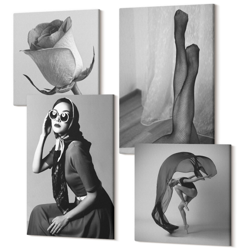 Sada 4 obrazov Štýlové čiernobiele portréty žien v elegantných pózach