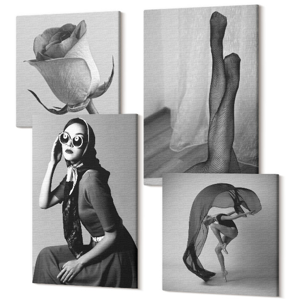 Sada 4 obrazov Štýlové čiernobiele portréty žien v elegantných pózach