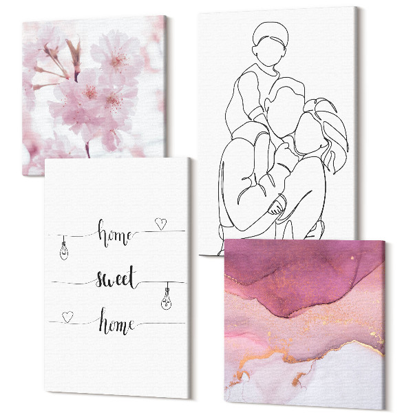 Sada obrazov kvadryptych Kvety a rodina v minimalistickom dizajne