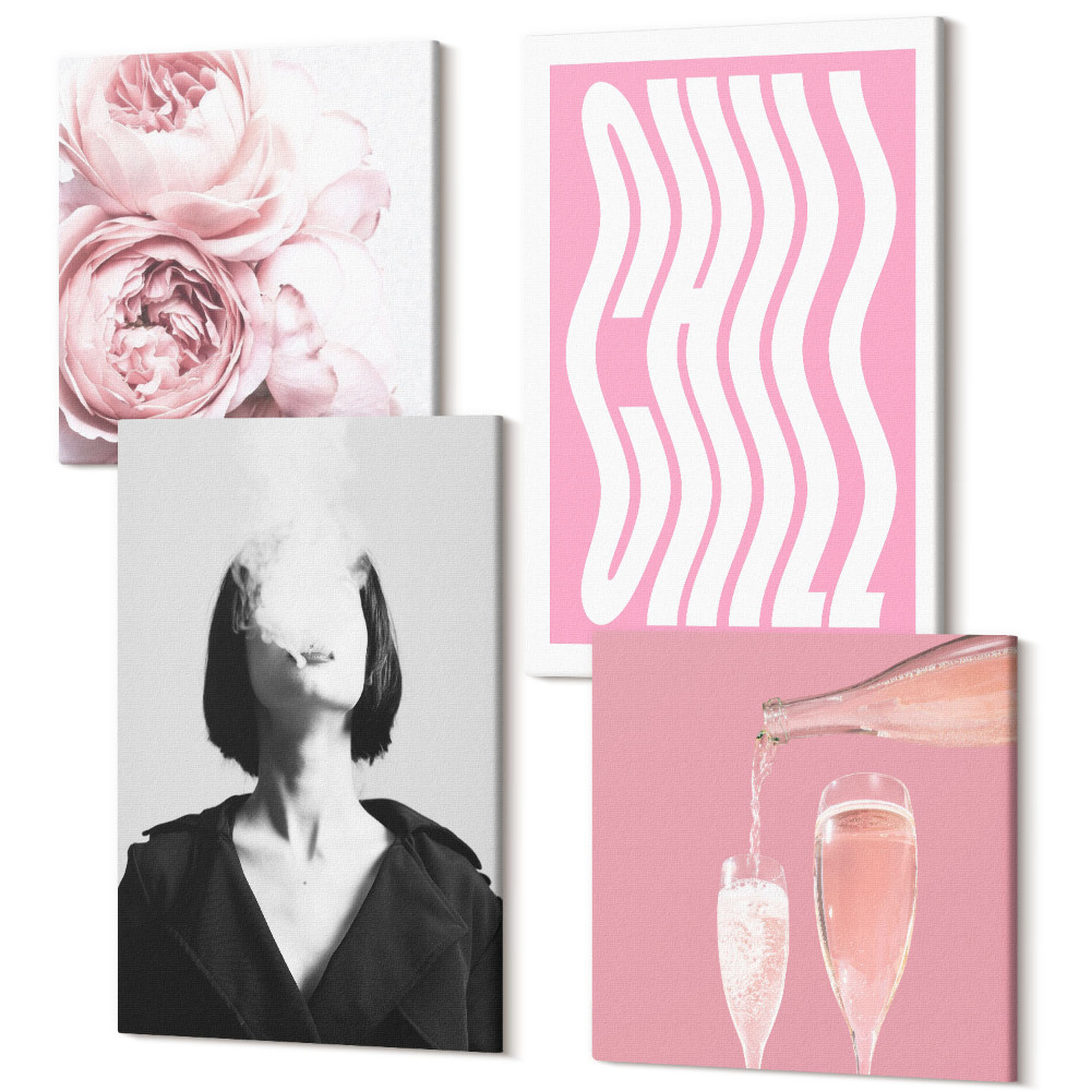 Sada obrazov kvadryptych Štýlový portrét ženy, šampanské, ruže, relax