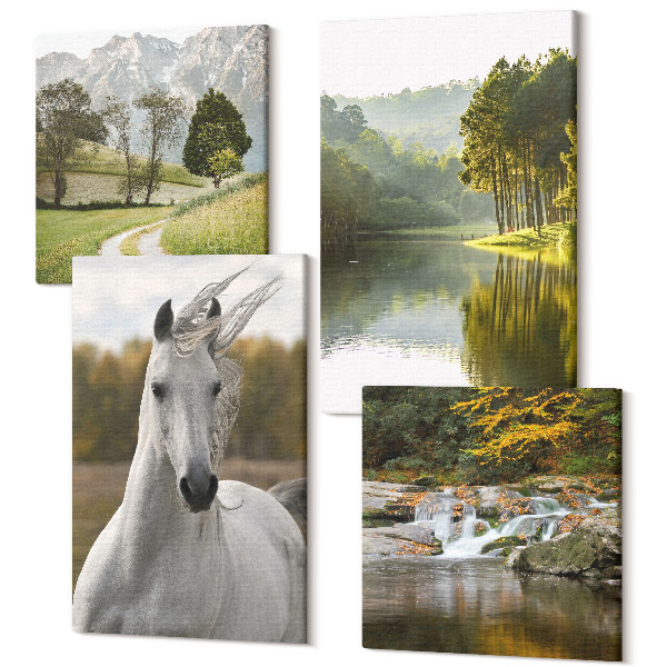 Sada obrazov kvadryptych Biele kone pri rieke prírodná krajina