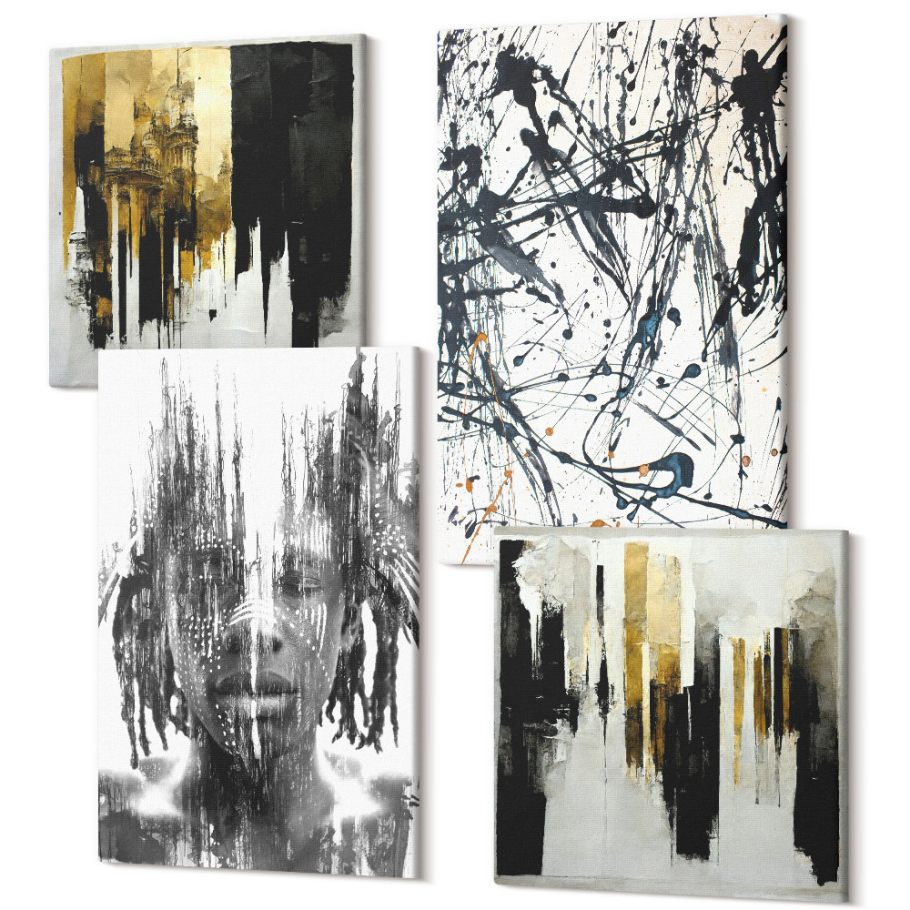 Sada 4 obrazov Kontrast abstrakcií s portrétom a architektúrou
