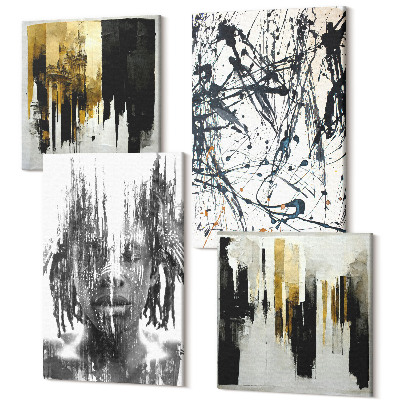 Sada 4 obrazov Kontrast abstrakcií s portrétom a architektúrou