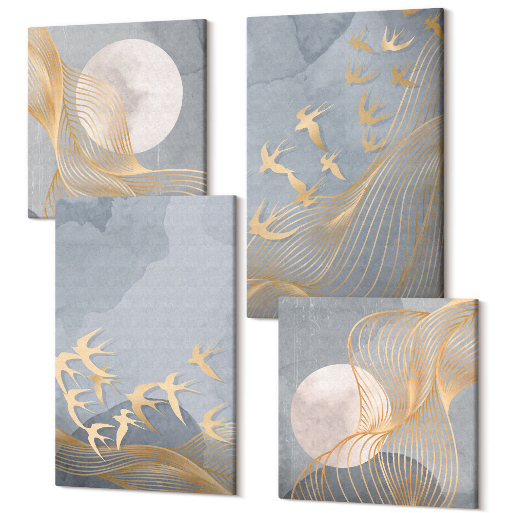 Sada obrazov na stenu kvadryptych Vtáky v lete proti oblohe a mesiac
