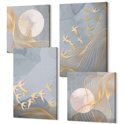 Sada obrazov na stenu kvadryptych Vtáky v lete proti oblohe a mesiac