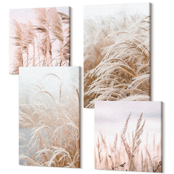 Sada obrazov kvadryptych Polia trávy v jemných odtieňoch hnedej a béžovej
