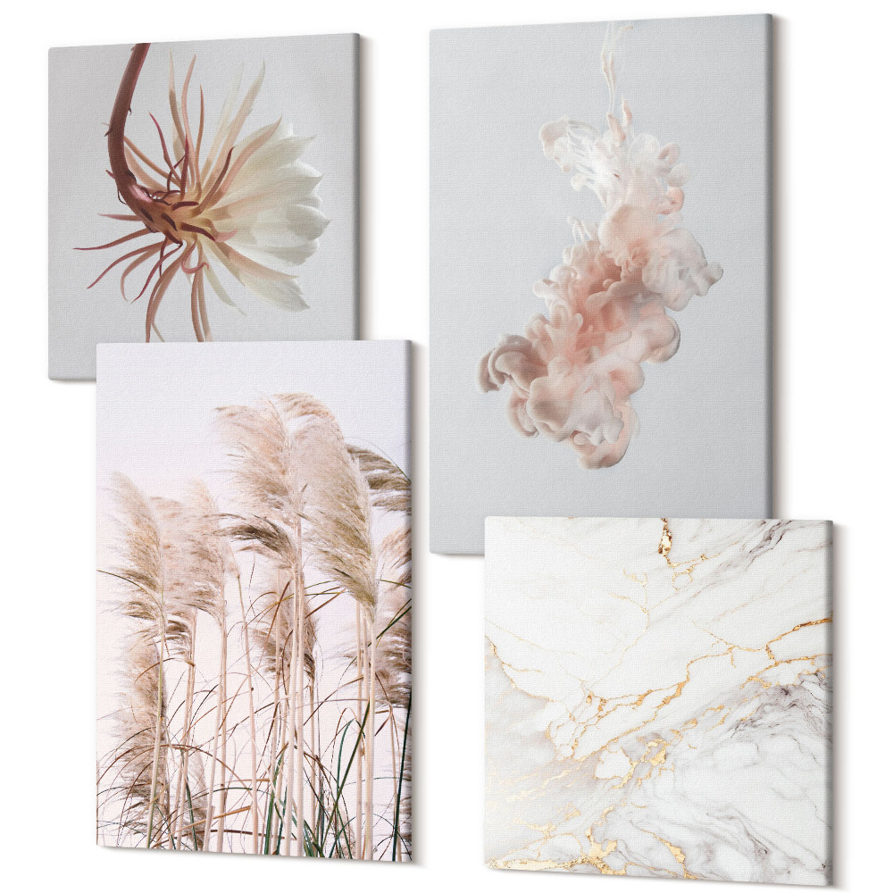 Sada obrazov na stenu kvadryptych Elegantné kvety a trávy z bieleho mramoru