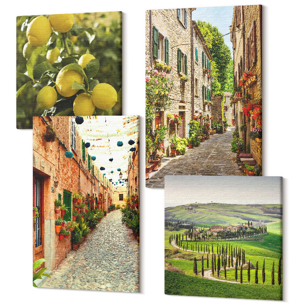 Sada obrazov kvadryptych Očarujúce uličky s kvetmi a citrónmi v pozadí
