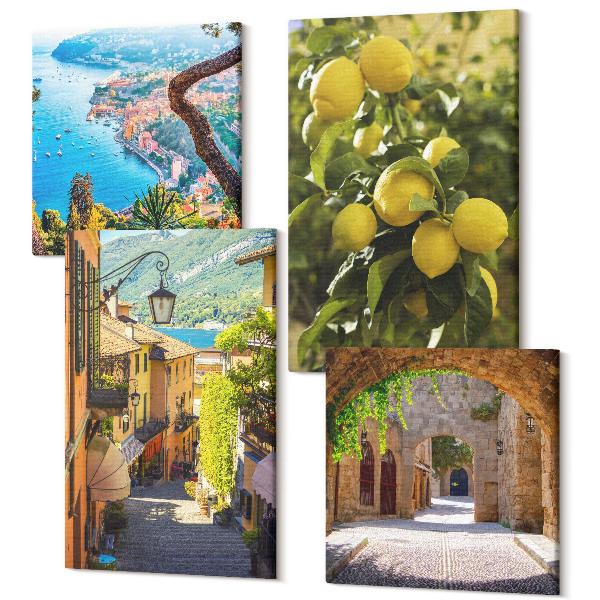 Sada obrazov na stenu kvadryptych Malebné prímorské uličky s výhľadom na more a citróny
