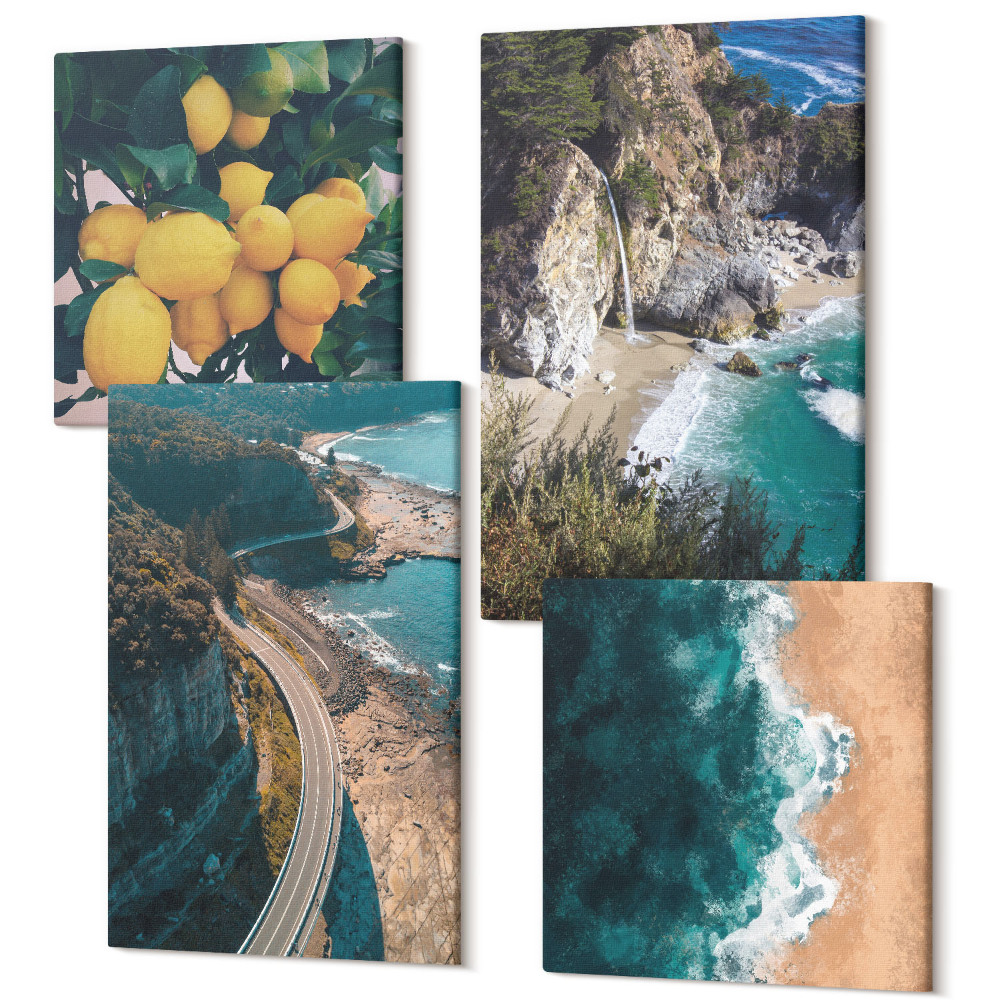 Sada 4 obrazov More pláž citróny horská krajina pobrežná cesta