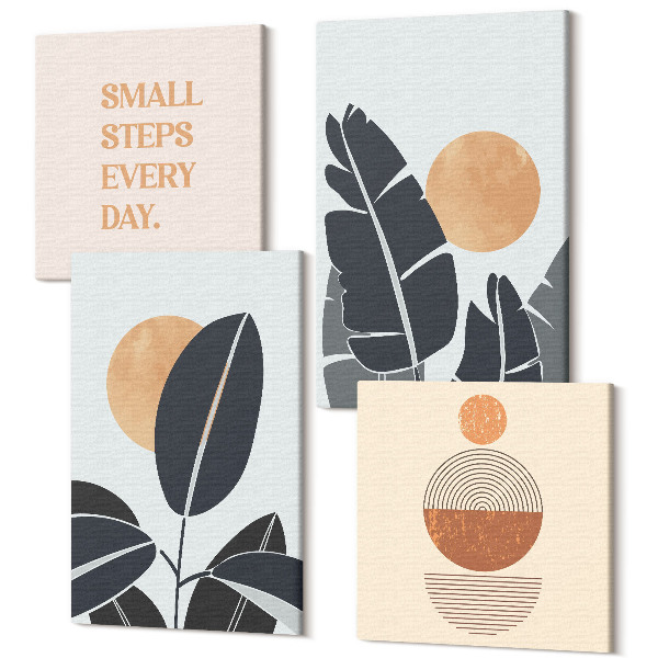 Sada obrazov kvadryptych Rastlinné vzory s veľkými slnkami, minimalistický štýl