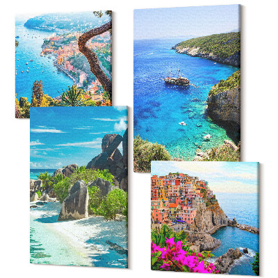 Sada 4 obrazov Výhľad na more s palmami a modrou vodou