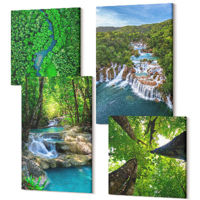 Sada obrazov na stenu kvadryptych Vodopády v zelenom lese s krištáľovo čistou vodou