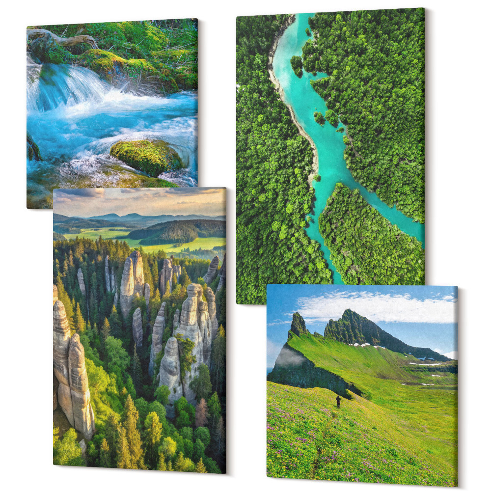 Sada 4 obrazov Zelené horské krajiny s riekou a skalami
